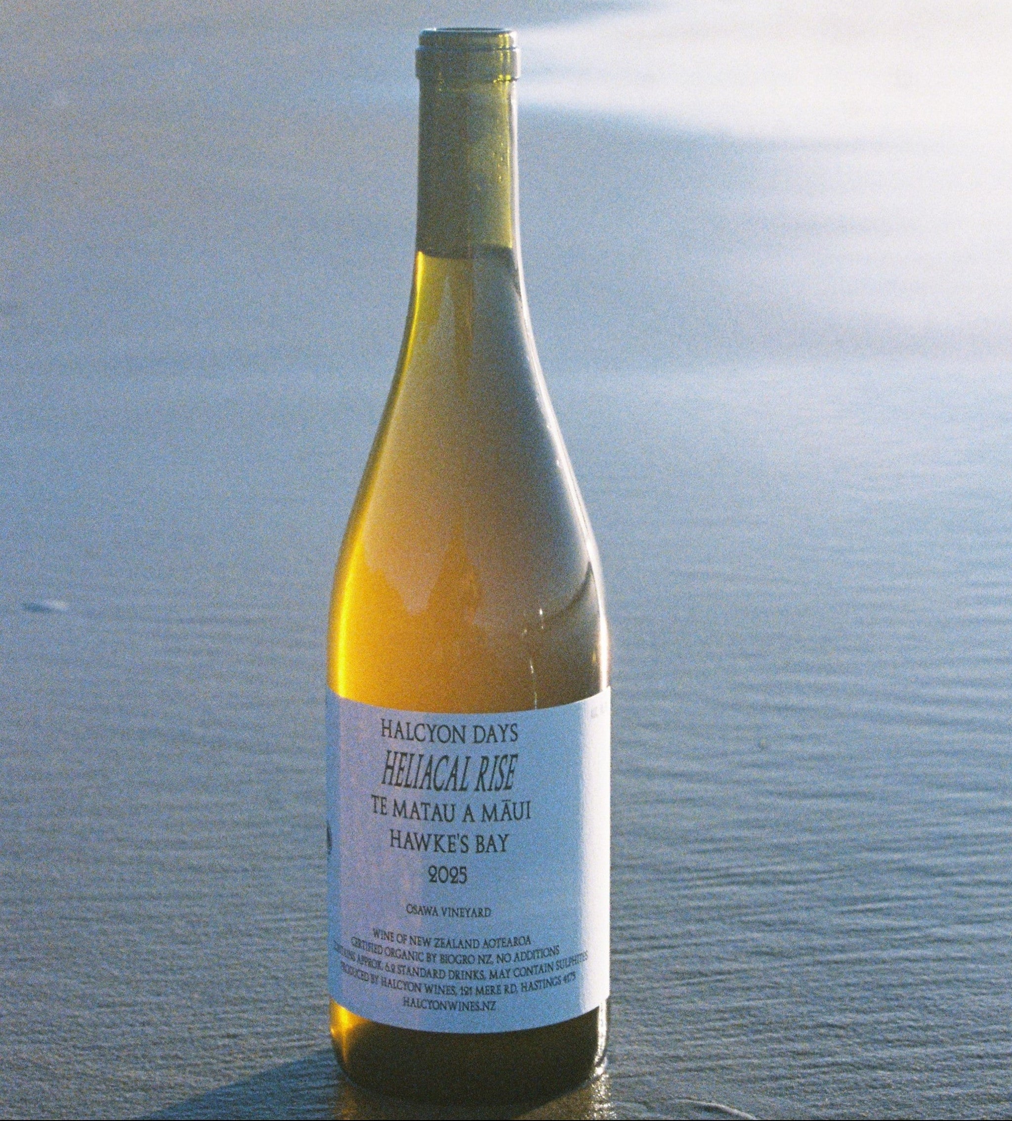 Bottle of Halcyon Days Helical Rise wine on a beach with ocean and mountains in the background